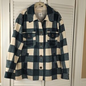 Gap‎ Womens Green White Plaid Wool Blend Shacket Shirt Jacket XXL